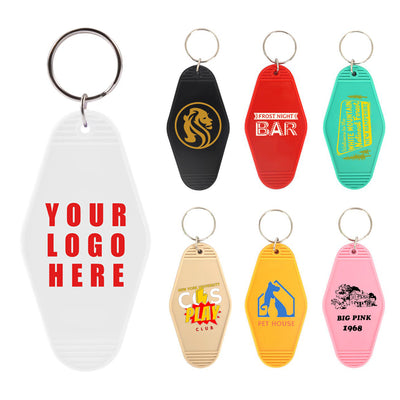 Custom logo keychains, motel keychain for pet store, bike store, hotel room, bar & studio gifts
