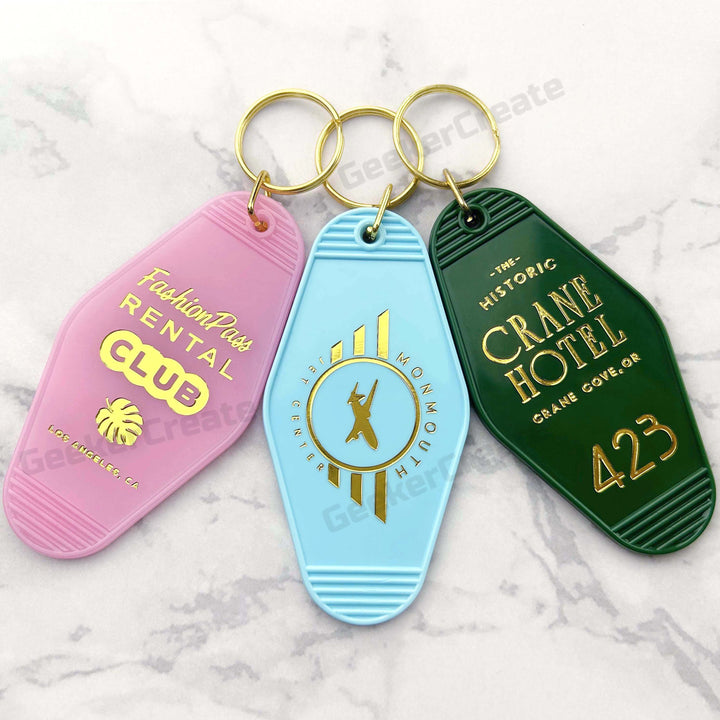 Custom Gold Foil Stamped Vintage Plastic Hotel Motel Key Tag Keychains
