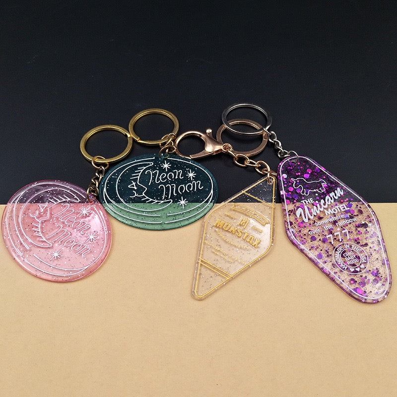 Custom Vintage Acrylic Keychains Glitter Motel Keytag with Your Logo