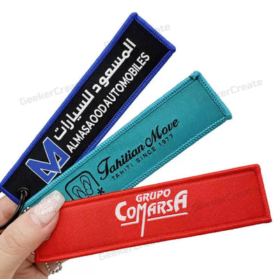 Custom Woven Patch Keychain Brand Logo Name Text Key Tag