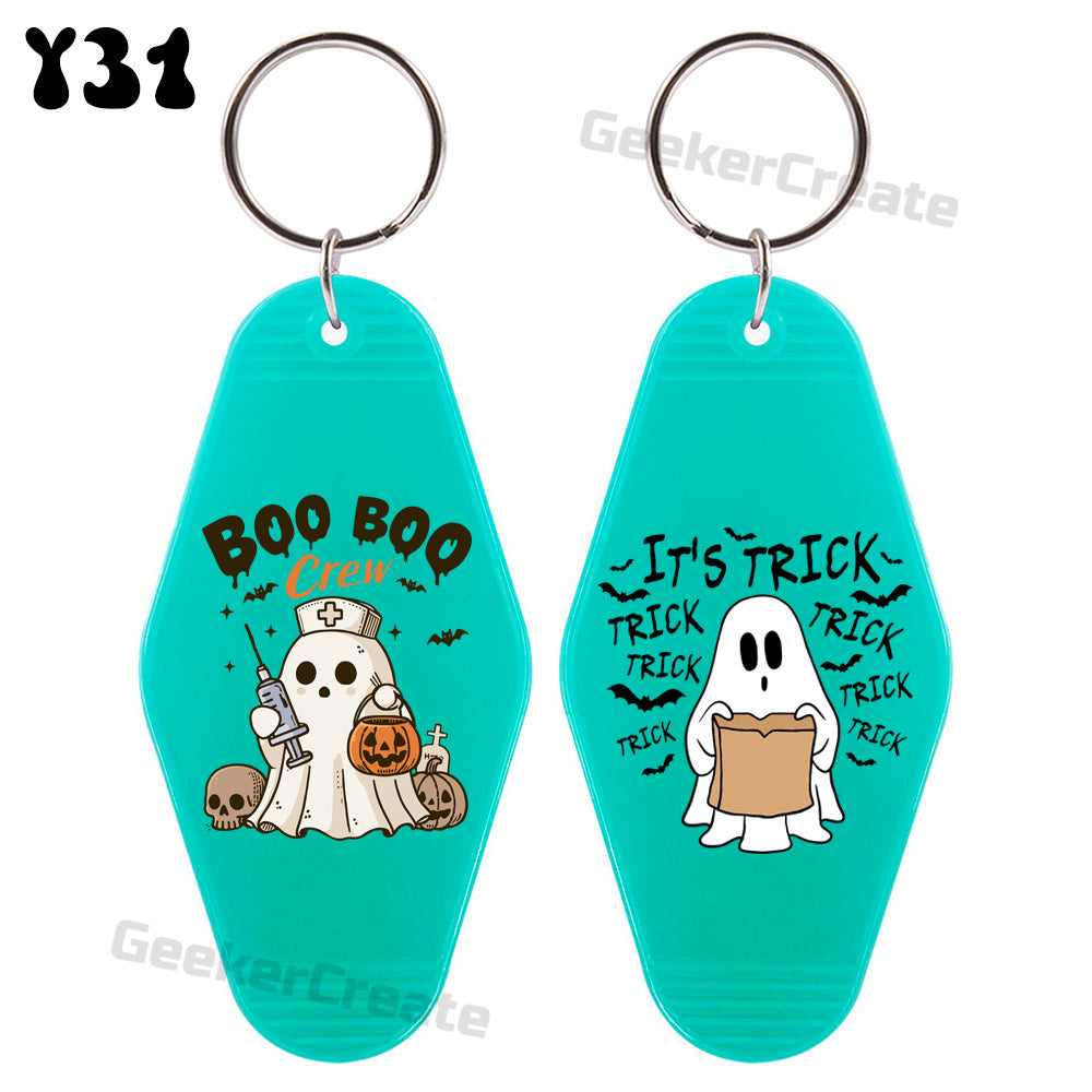 Custom Halloween Motel Key Tag Ghost Pumpkin Bat Retro Hotel Keychain
