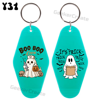 Custom Halloween Motel Key Tag Ghost Pumpkin Bat Retro Hotel Keychain
