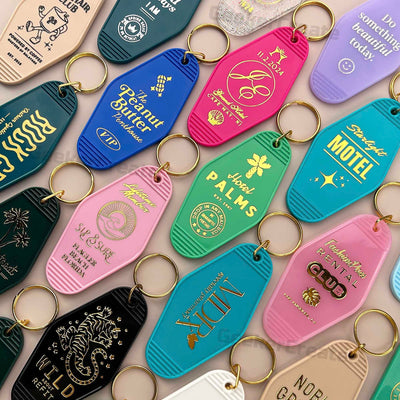 Bulk Custom Gold Foil Stamped Plastic Keychains Retro Vintage Keyrings