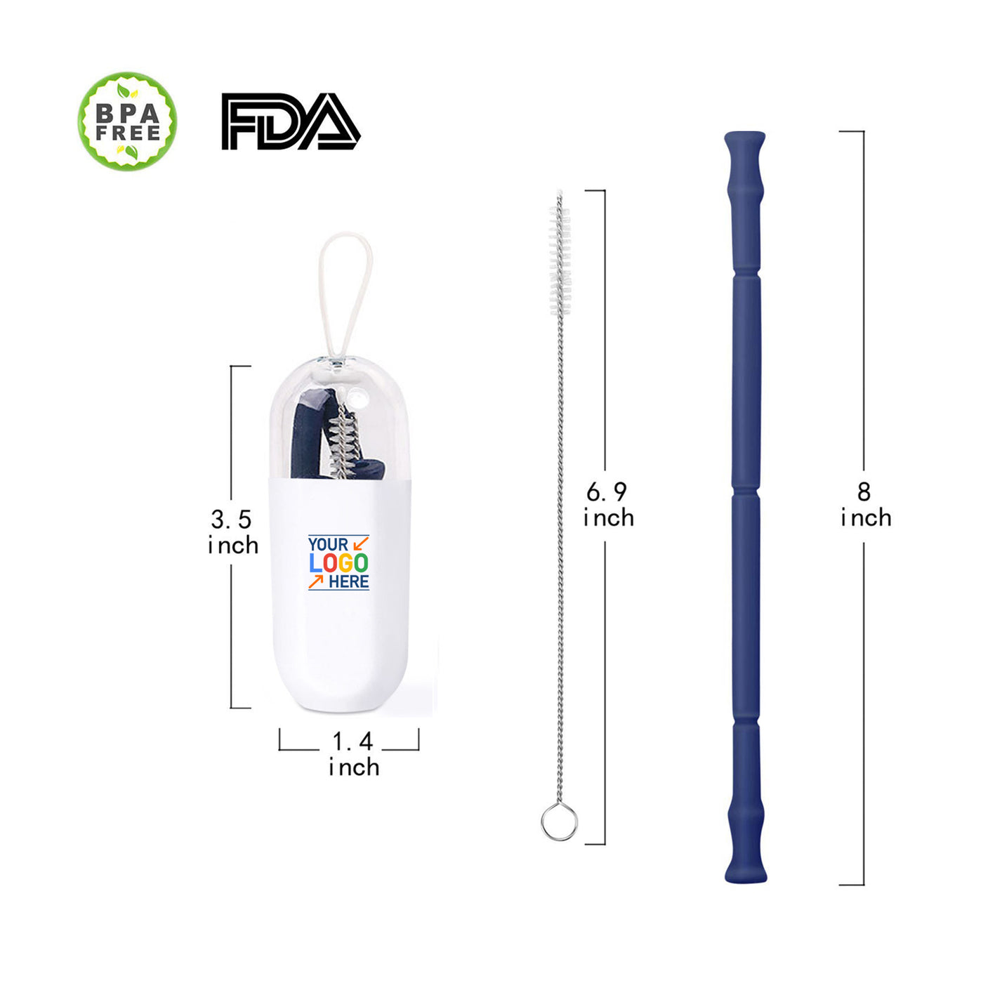 Custom Logo Folding Drinking Straw Reusable Silicone Straw With Carry Case and Cleaning Brush