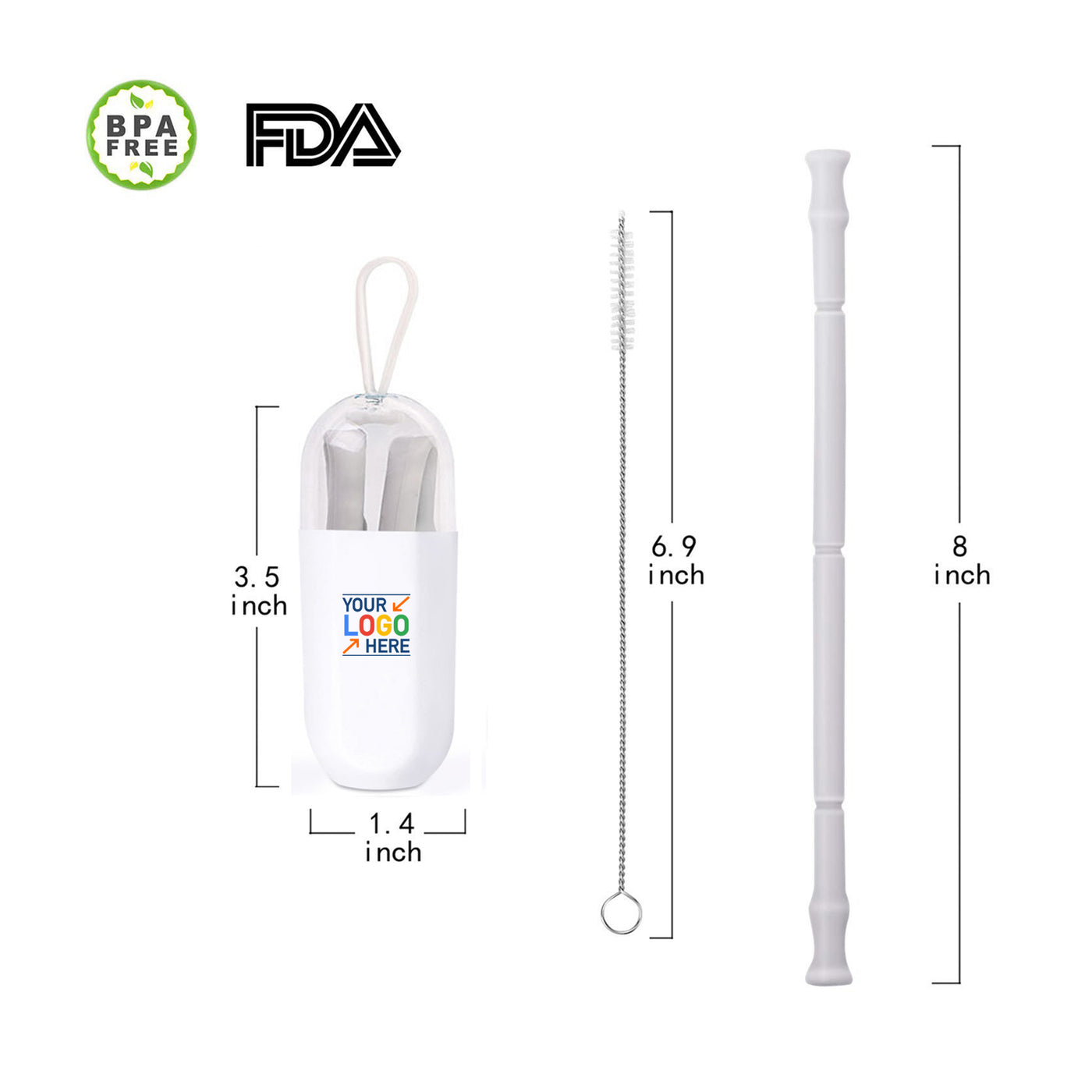 Custom Logo Folding Drinking Straw Reusable Silicone Straw With Carry Case and Cleaning Brush